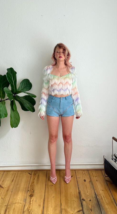 The same ephani jeans converted into shorts, front view, showing the modular transformation